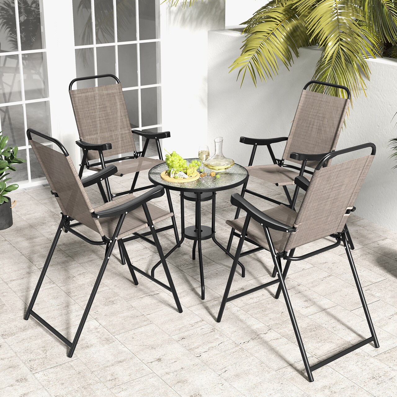 Patio Folding Bar Stool Set Of 4 With Metal Frame And Footrest